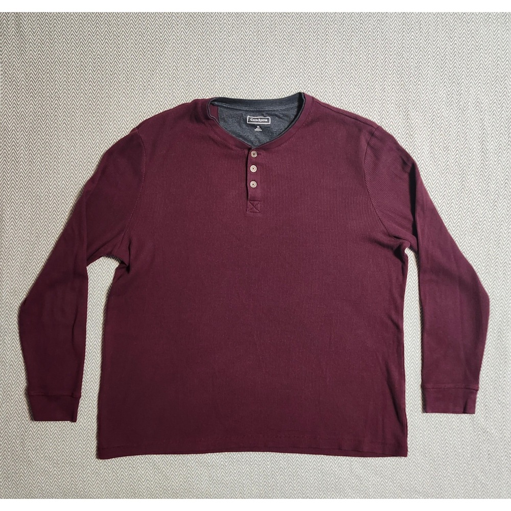 Club Room Mens XL Henley Shirt Burgundy Waffle Knit Thermal Long Sleeve Maroon